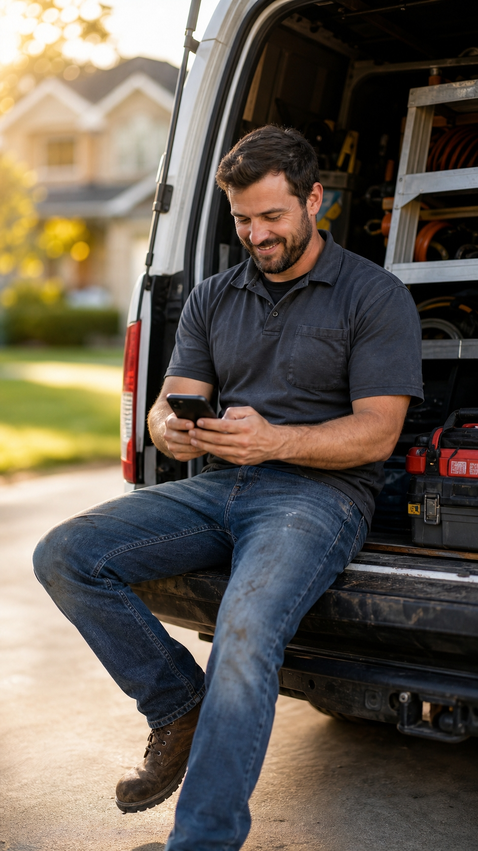 Solo electrician using Decker electrician software on iPhone on a job site