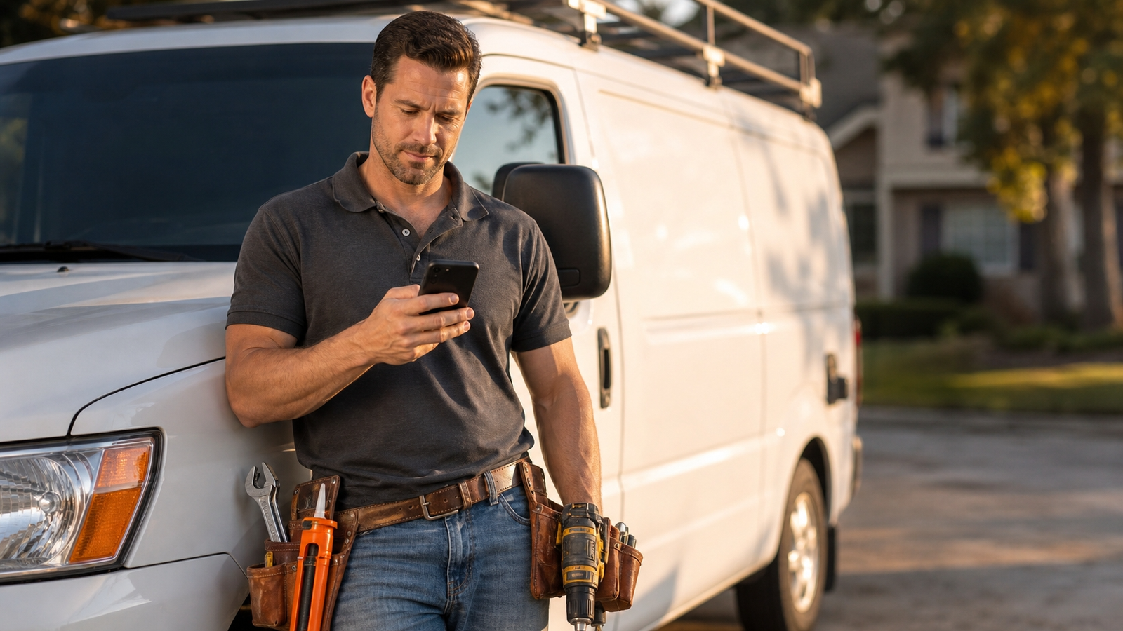 Solo handyman with mixed tools (wrench, drill) leaning against his work van — using Decker handyman software on phone between multi-trade jobs