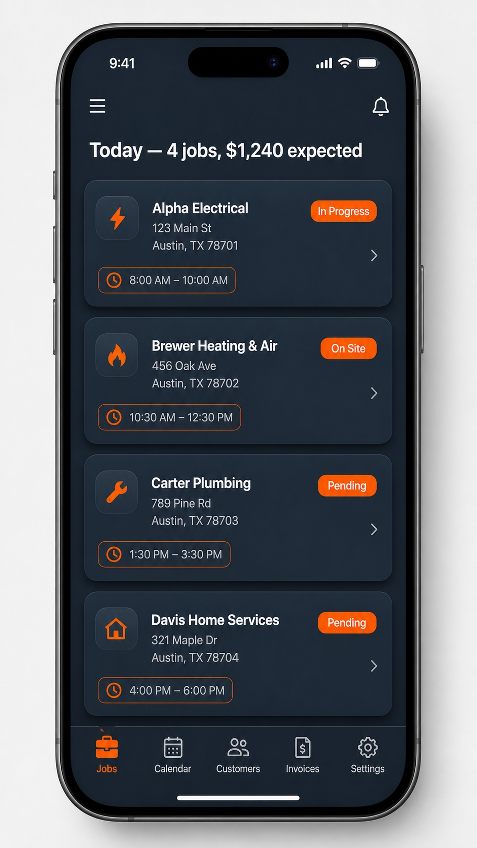 Decker field service app for solo technicians on iPhone — today's jobs list with payment status