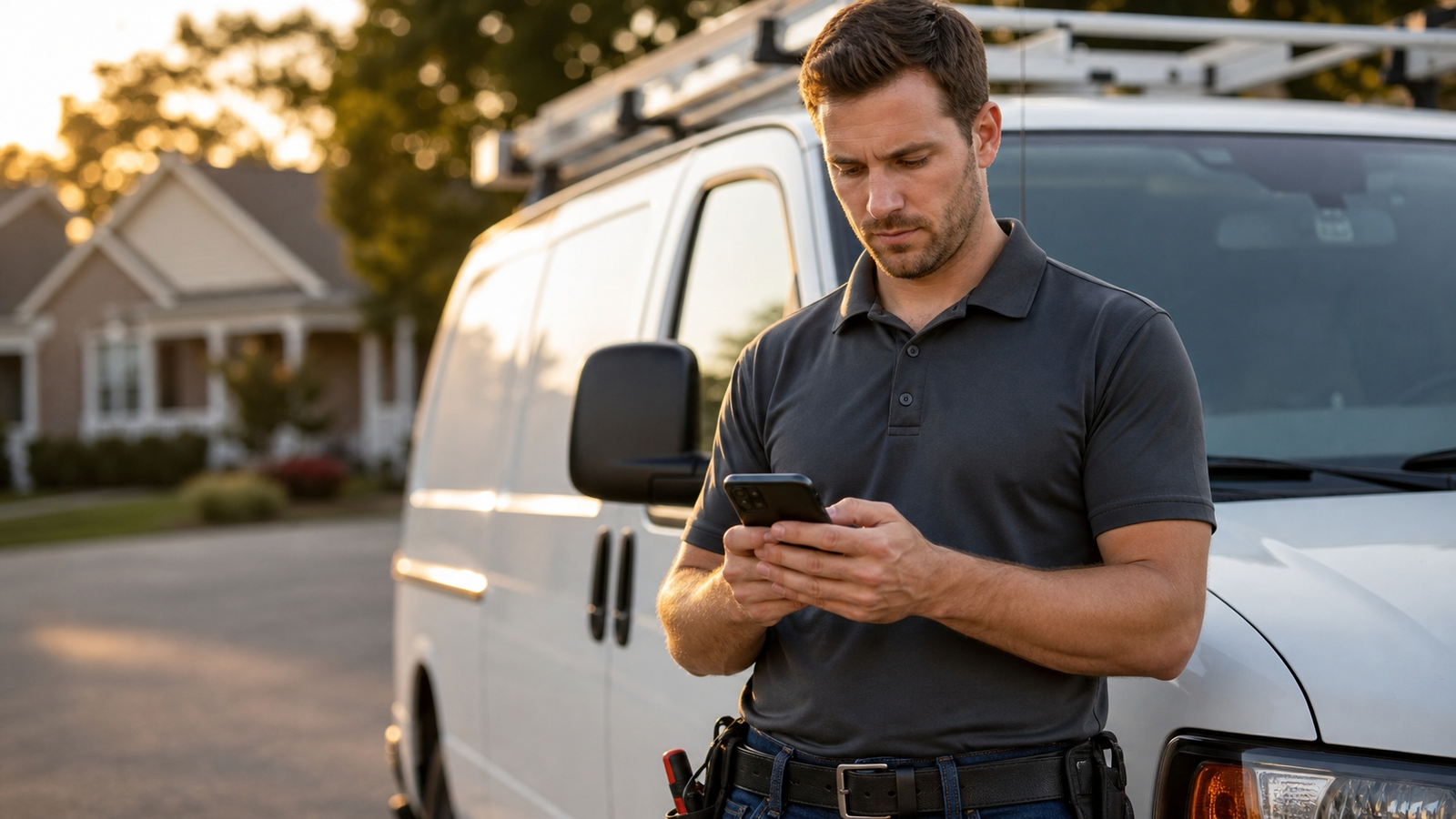 HVAC technician using Decker HVAC field service software on iPhone next to rooftop equipment