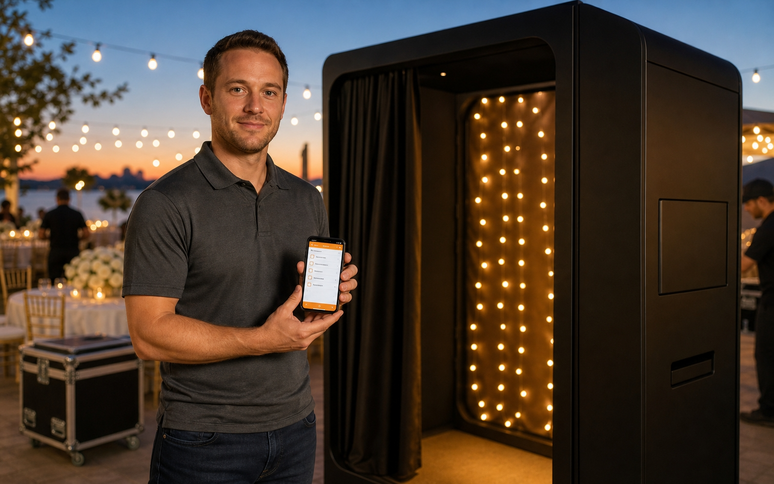 Photobooth technician at an evening wedding venue holding phone with Decker photobooth software open — booth with bistro lights in background
