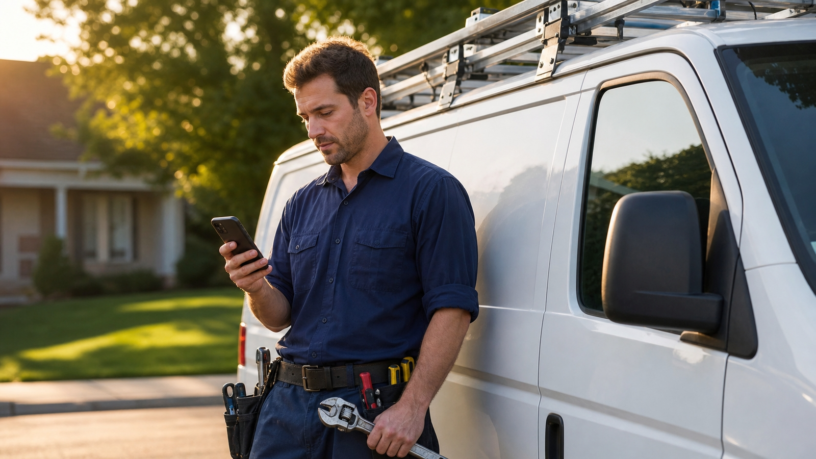 Solo plumber using Decker plumber software on iPhone after finishing a job