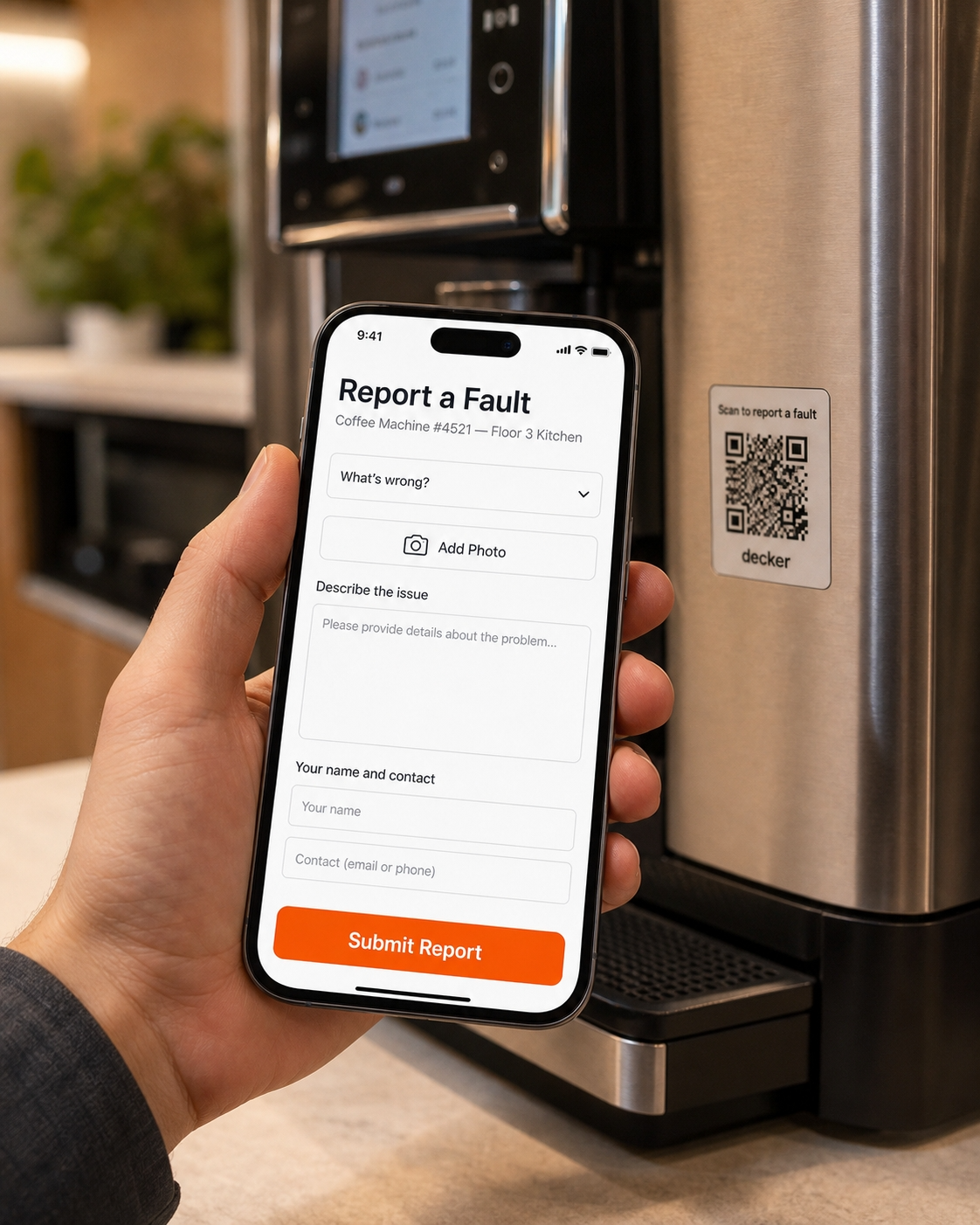 Event staff scanning a Decker QR sticker to report a photobooth issue — public fault reporting in Decker photobooth business software