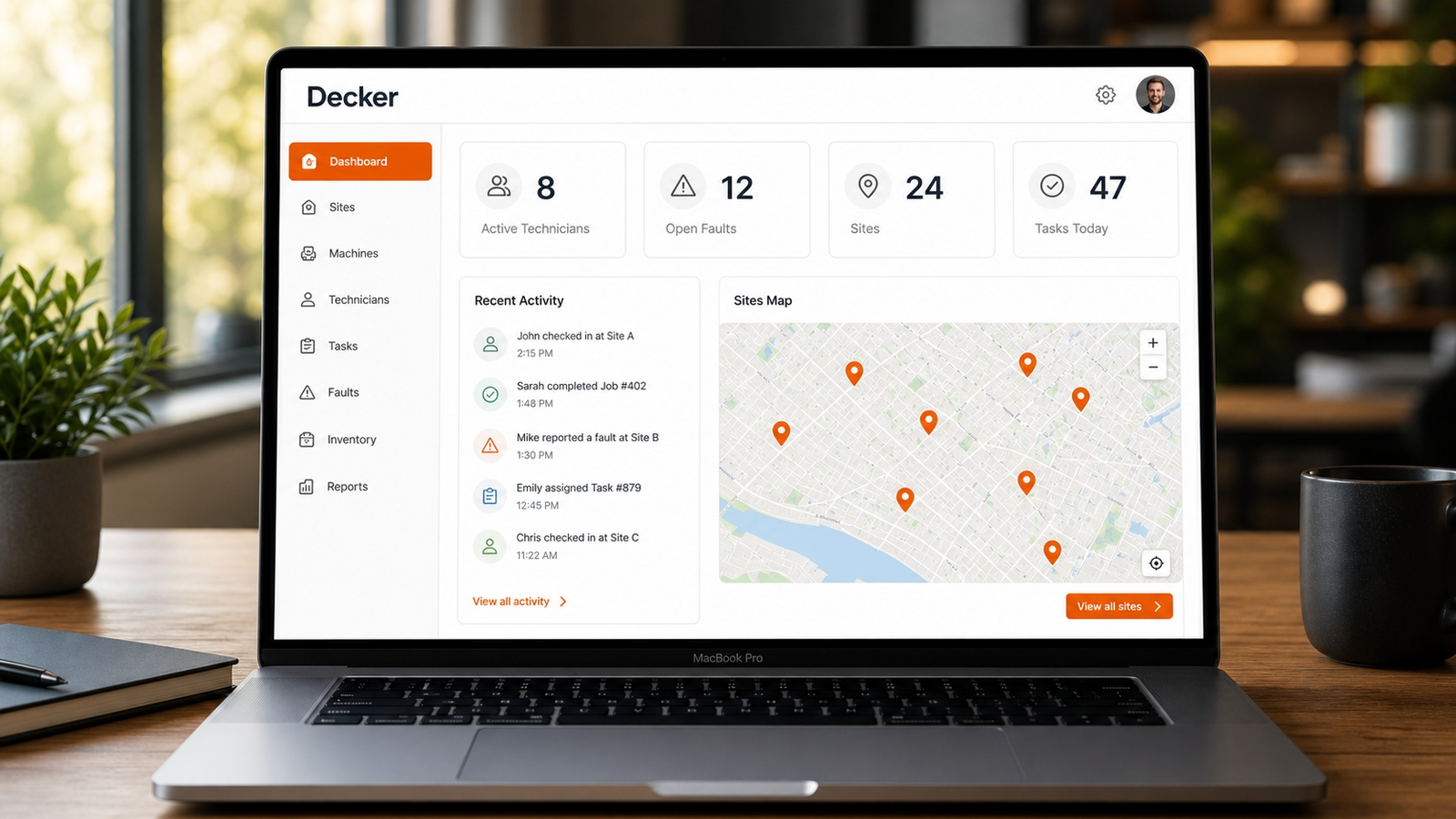 Decker Pro photobooth dashboard mockup — sites, machines and technicians overview for a multi-booth rental business
