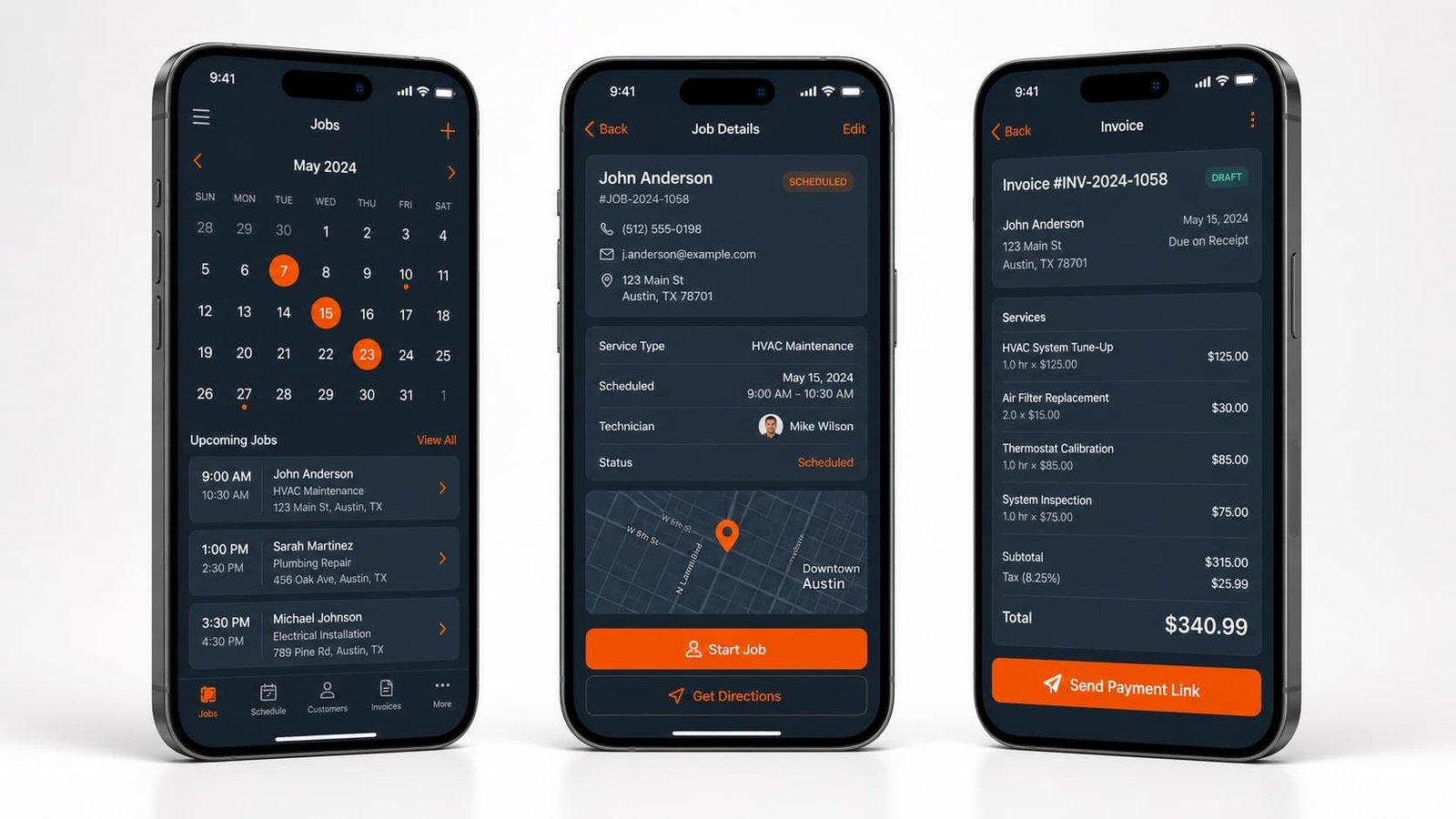 Three iPhones showing Decker field service software — schedule, invoice and customer screens