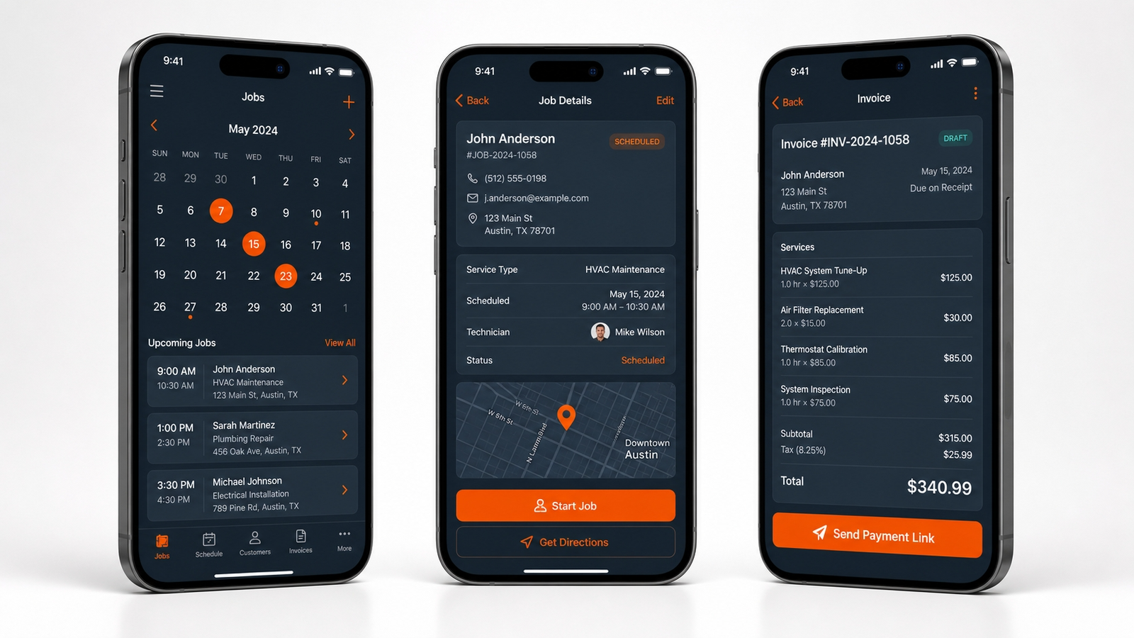 Three iPhones showing Decker field service software — schedule, invoice and customer screens